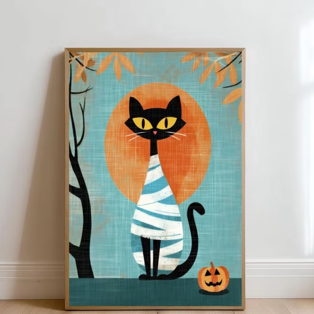 Black Cat Mummy Halloween Cat Art Print - Picture 3 of 6